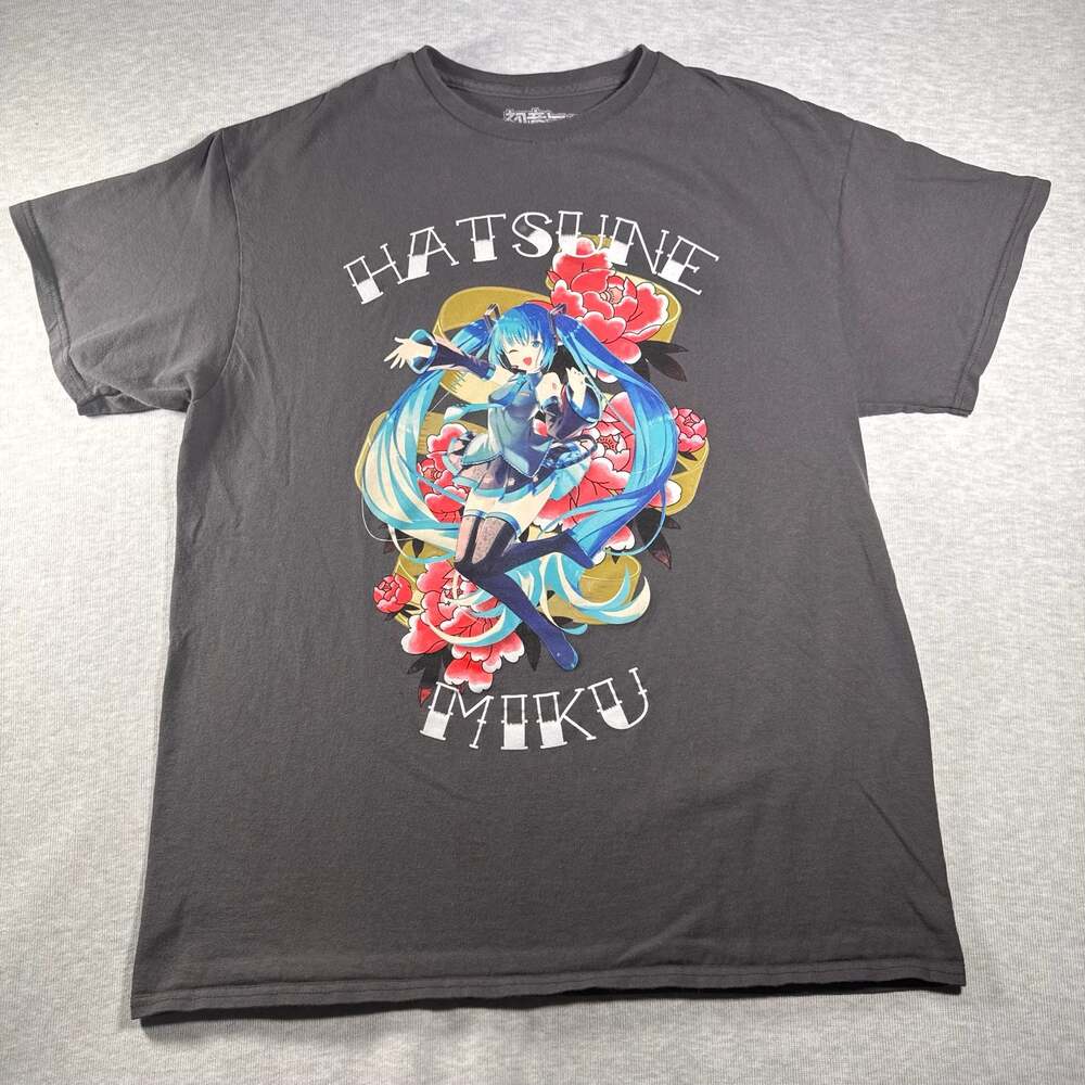 Hatsune Miku Pink Floral Winking Jumping Graphic T-Shirt Charcoal Gray